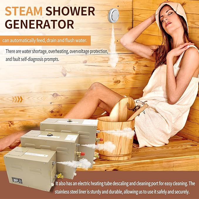 Steam shower generator,18kw Household-Commercial,Steam shower generator kit,with self-draining system,Temperature adjustable 95-131°F,Applicable space 560～735ft3