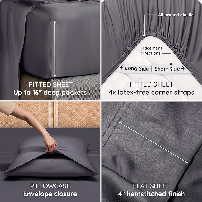 Bambaw 100% Viscose Derived from Bamboo Sheets Queen Size Set – 4pcs Cooling Sheet Set, Super Soft Sheets Queen Size, Luxury Bed Sheets, Deep Pocket Fits Up to 16'' Mattresses (Charcoal)