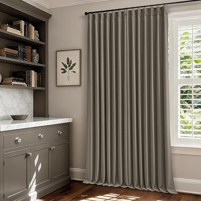 Taupe Grey Linen Blackout Pleated 105 Inch Curtains for Living Room Darkening Pinch Pleat 100% Black Out Drapes Thermal Insulated Soundproof Brownish Gray 105 Inch Curtain for Dining Bedroom
