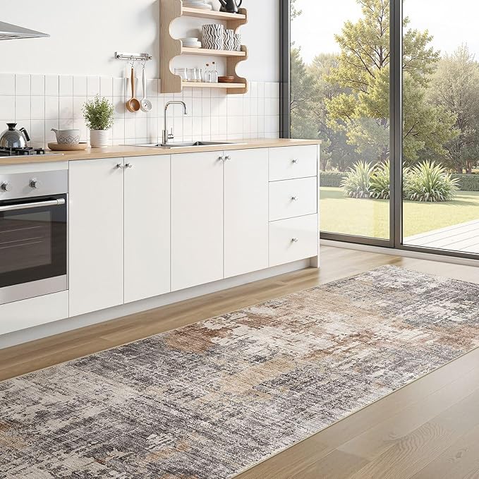 3x10 Washable Runner Rug for Hallway: Soft Neutral Modern Abstract Low Pile Rug Indoor - Carpet for Bedroom Dining Room Kitchen Entryway - Grey Brown