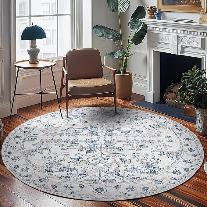 jinchan Lima Round Rug 8ft Vintage Machine Washable Area Rug Indoor Circle 8' Ultra-Thin Non-Slip Floral Print Carpet for Farmhouse Entryway Dining Room Living Room Bedroom Office (8'Round, Blue)