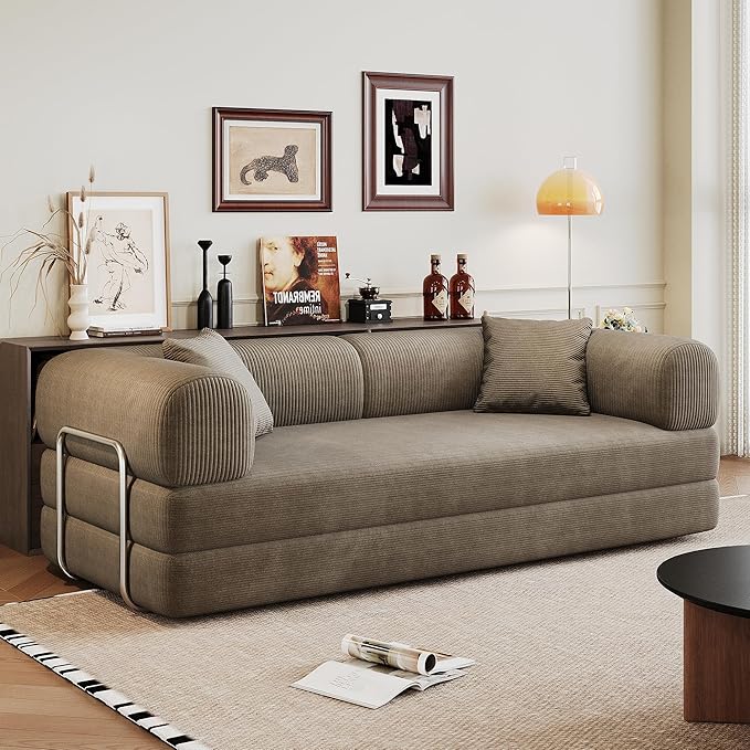 79" Convertible Sofa Bed with Fixed-Shape Frame, Corduroy Folding Pull Out Couch, No Assembly Modern Boneless Couch Compression Sofa in Box, Floor Sofa for Living Room,Camel