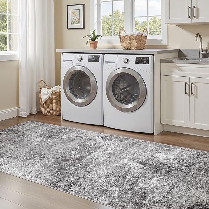 Washable Runner Rug for Hallway: 3x12 Neutral Modern Abstract Low Pile Area Rug with Non-Slip Backing - Carpet for Bedroom Kitchen Laundry Entryway Bathroom Indoor - Grey