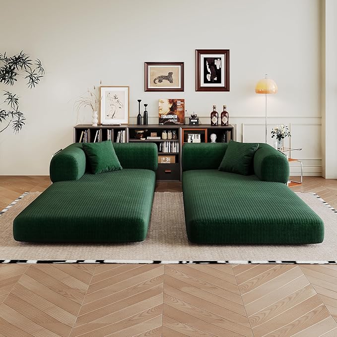 79" Convertible Sofa Bed, Corduroy Folding Pull Out Couch with Pillows, No Assembly Modern Boneless Couch Compression Sofa in Box, Floor Sofa with Support Rods for Living Room,Dark Green
