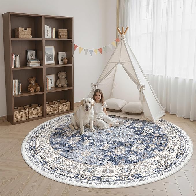 zesthome 9ft Round Rugs for Living Room, Non-Slip Washable Round Area Rugs, Ultra-Thin Large Circle Rugs, Soft Low Pile Rug for Bedroom, Kitchen - Vintage Stain Resistant Round Rug (Blue/Beige,9'x9')