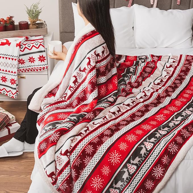 PAVILIA Christmas Sherpa Throw Blanket, Red & White Snowflake, Reindeer, Reversible Fleece & Sherpa Cozy Winter Blanket for Couch & Bed, 50x60, Christmas & Holiday Decor