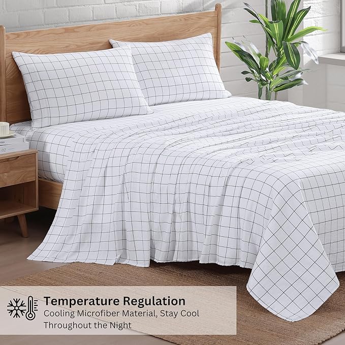 Casa Platino Bed Sheets California King Size, Pre-Washed Ultra Soft & Breathable California King Bed Sheets Set, 100% Hydro-Brushed Microfiber Cooling California King Sheets Deep Pocket - Windowpane