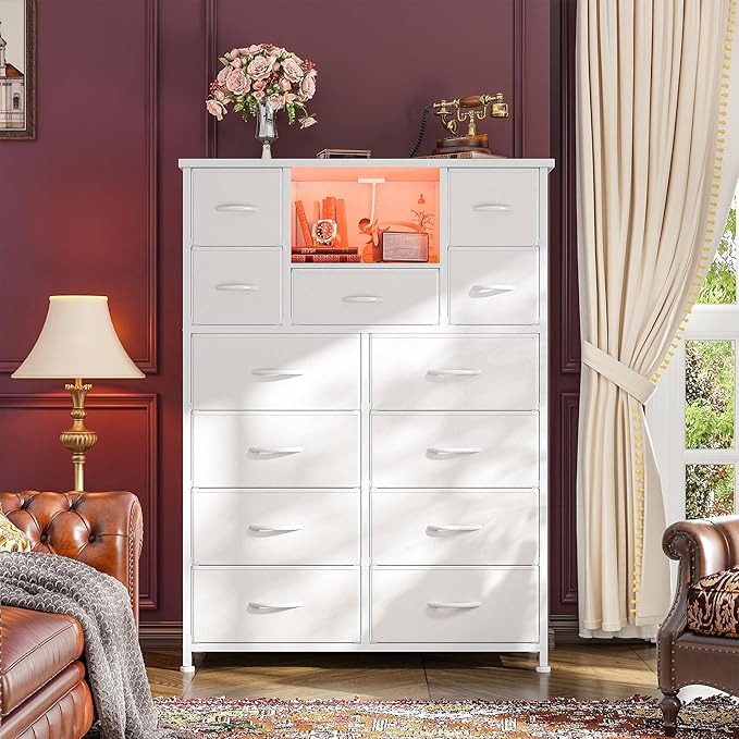 Dresser for Bedroom with 13 Fabric Drawers, White Dresser with LED and 4 Charging Ports and Open Shelves, 47''H Chest of Drawers for Entryway, Hallway