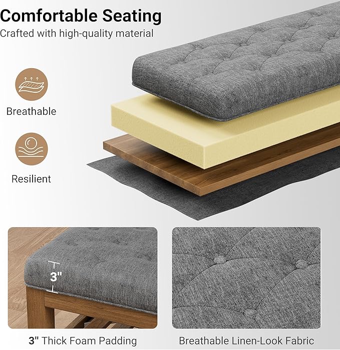 End of Bed Storage Bench, 42.9" Entryway Shoe Bench with Solid Wood Shelf, Upholstered Ottoman with Padded Seat for Bedroom, Hallway and Lining Room, Dark Gray