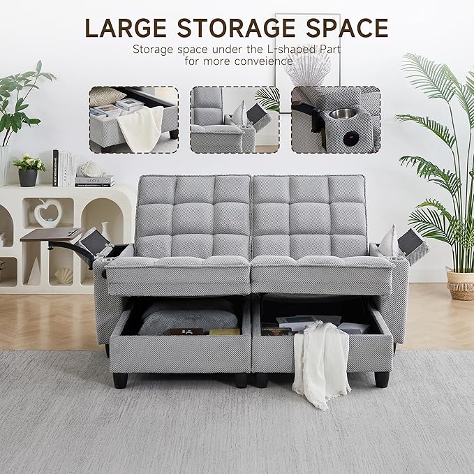 70.9" Chaise Lounge Chair Indoor, Oversized Boucle Upholstered Sofa Bed, Adjustable Backrest Deep Seat Reading Chair, Sofas Couches for Living Room with Storage, Cup Holders & 360° Swivel Side Table