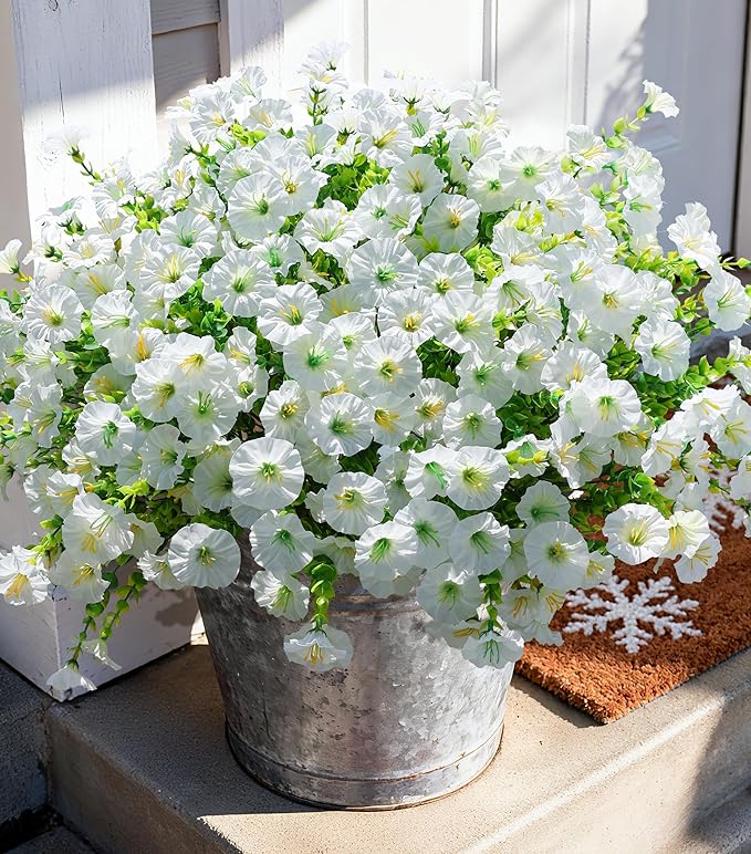 Artificial Flowers Fake Plants for Outdoors Decoration, 12 Bundles White Silk Morning Glory with Eucalyptus Realistic UV Resistant Faux Flowers for Outside Planter Porch Yard Patio Garden Home Indoor