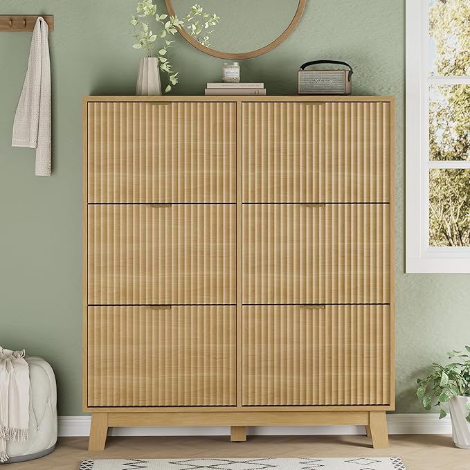 Shoe Cabinet with 6 Flip Drawers, 54" Tall Narrow Fluted Shoe Storage Organizer for Entryway, Hidden Slim Wooden Shoe Rack Cabinet for Front Door Entrance, Hallway, Living Room, Natural Oak
