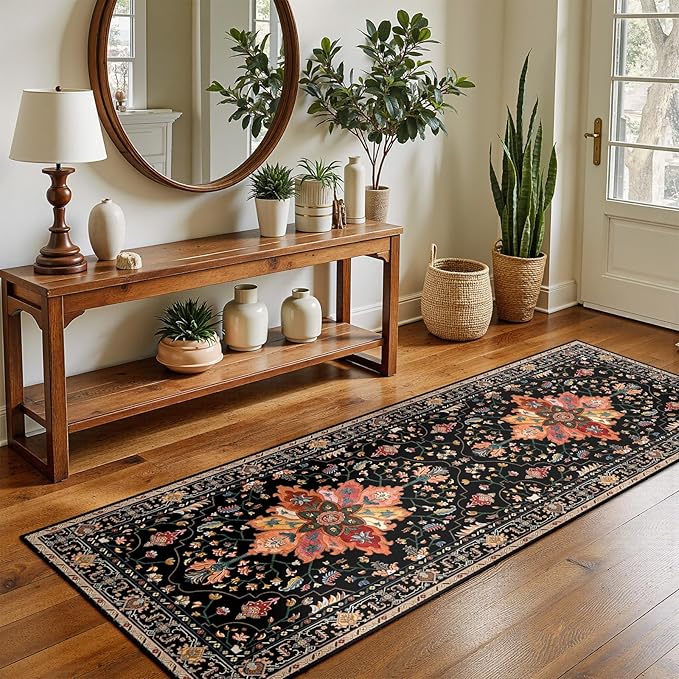 Area Rugs 2'x5' Washable Non-Slip, Floral Vintage Distress Print Pattern Medallion Carpet for Living Room Bedroom Dining Room, Black Colorful Floral Dark Tan