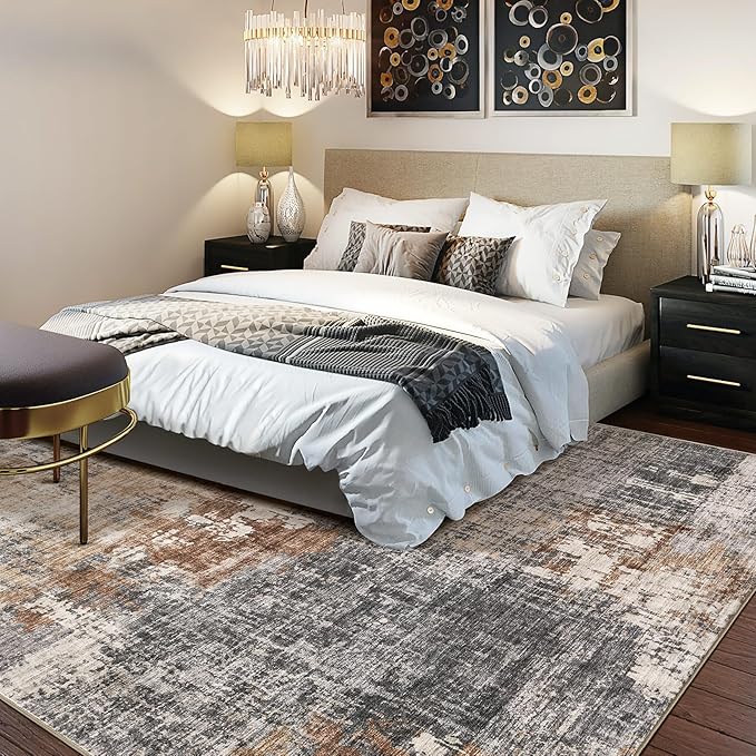 Area Rug Living Room Rugs - 6x9 Washable Large Soft Indoor Neutral Modern Abstract Low Pile Rug Carpet for Bedroom Dining Room Farmhouse Home Office - Grey Brown