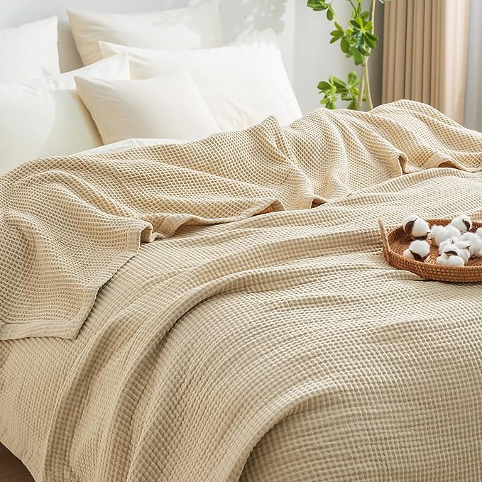 PHF 100% Cotton Waffle & Muslin Blanket King Size, Soft Breathable Luxury 400GSM Versatile Reversible Bedding for Bed, Great for Layering in Cold Weather, Home Decor Gift, 104" x 90", French Oak