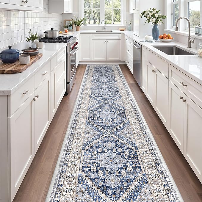 zesthome Washable Runner Rug 2.5x14 - Stain Resistant Entryway Rug,Ultra-Thin Kitchen Rugs, Anti Slip Backing Runner Rugs for Entrance Laundry Room Indoor Hallway (Blue/Beige,2.5'x14')