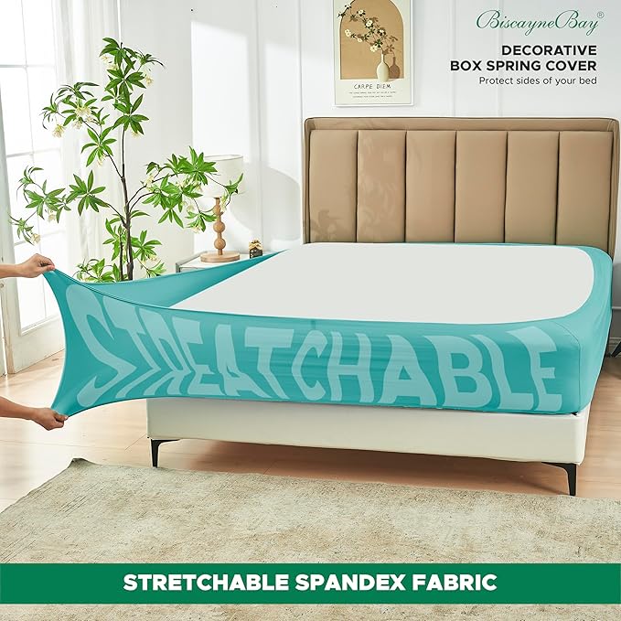 Biscaynebay Decorative Box Spring Cover Full & Full XL Size, Aqua Luxurious Jersey Knitting Stretchy Wrap Around 4 Sides Bed Skirt for Home/Hotels, Easy Fit Wrinkle & Fade Free Machine Washable