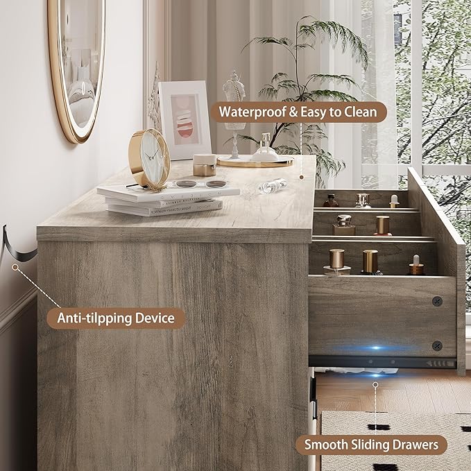 Dresser for Bedroom with 7 Drawer, Wood Modern Chest of Drawers with X-Shaped Sturdy Base, Wide Double Dresser Closet Clothes Storage Organizer, Wooden TV Stand for Living Room, Hallway, Grey