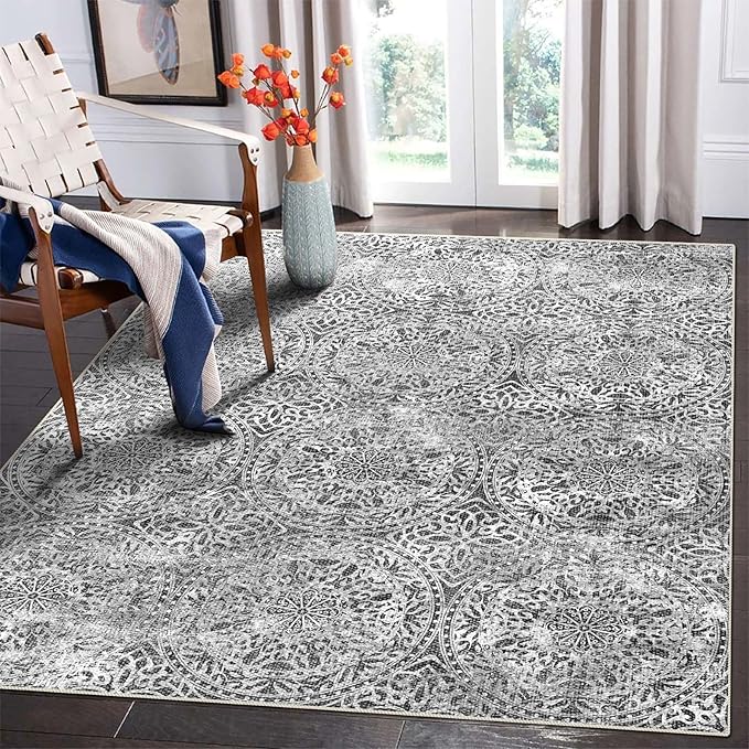vivorug 4x6 Rug, Small Area Rug for Living Room, Bedroom, Kitchen, Machine Washable Non-Slip Throw Rug, Vintage Medallion Carpet for Entryway Nursery Coffee Table - Durable (Grey)
