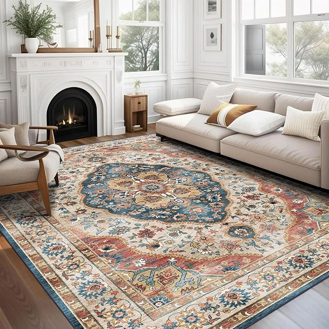 vivorug 9x12 Area Rugs for Living Room, Non Slip Machine Washable Vintage Beige Rug, Ultra-Thin Lightweight Large Area Rug for Bedroom, Dining Room, Low Pile