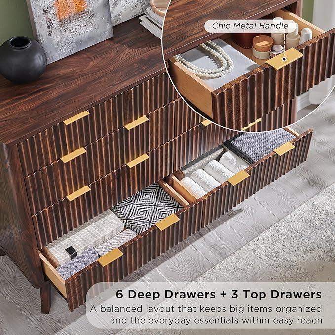 T4TREAM Fluted 9 Drawers Dresser, 54" Wide Modern Chest of Drawers, Curved Profile Design, Dresser TV Stand, Wood Drawer Organizer for Bedroom, Living Room, Hallway, Dark Walnut