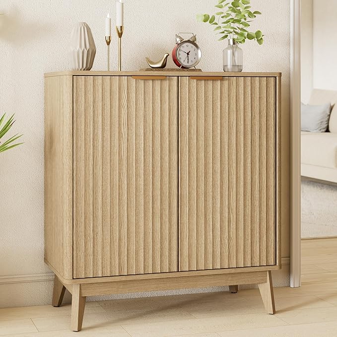 Sideboard Cabinet, Small Buffet Cabinet, Modern Fluted Storage Cabinet with Adjustable Shelf & Doors, Accent Credenza Sideboard for Kitchen, Coffee Bar, Living Room, Entryway, Hallway
