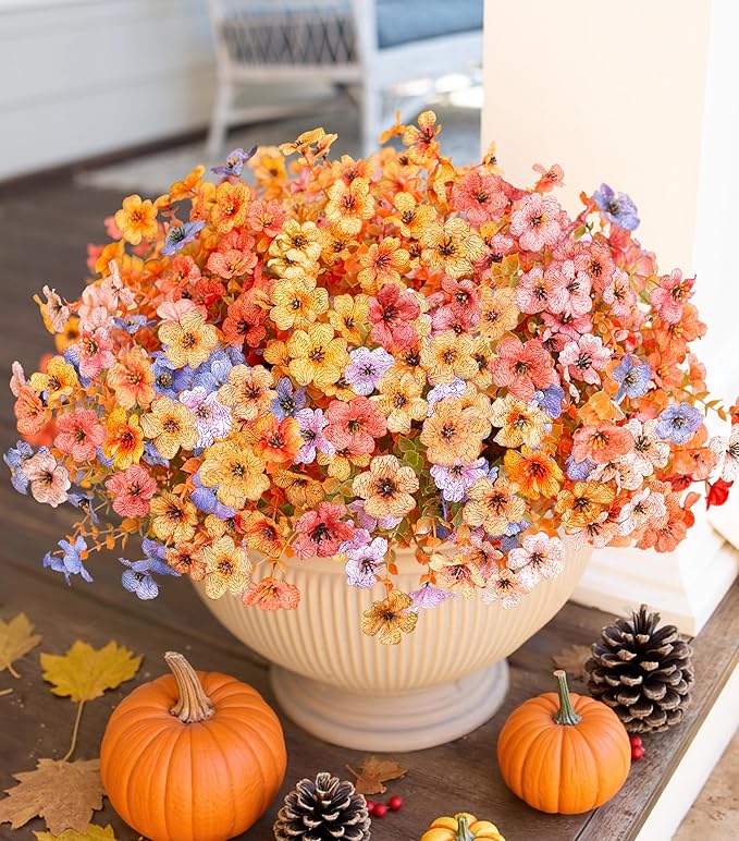 HyeFlora Artificial Fall Flowers Faux Mums for Outdoor Indoor Garden Home Decoration, Faux Flower Daisy with Eucalyptus Leaves Fake Plants Greenery Boxwood Porch Patio, 12 Bundles (6 Fall Multicolor)