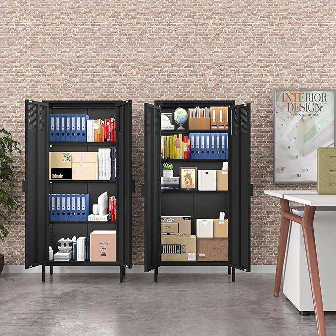 COFaR 4 Tier Black Metal Storage Cabinet, Free Standing with 2 Doors, 3 Adjustable Shelves and Legs, Cupboard Metal Cabinet for Living Room, Kitchen, Dining Room, Office
