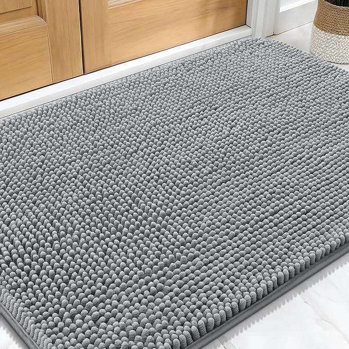 OLANLY Dog Door Mat for Muddy Paws 32x20, Absorbs Moisture and Dirt, Absorbent Non-Slip Washable Doormat, Quick Dry Chenille Mud Mat for Dogs, Entry Indoor Entryway Carpet for Inside Floor, Grey