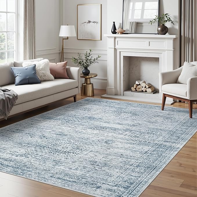 5x7 Area Rugs Blue Low Pile Indoor Washable Trendy Faded Style Rugs for Bedroom Living Room Dining Room Foldable Non-Slip Thin Print Mat