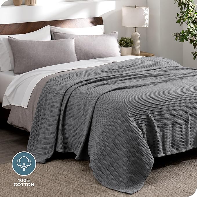 Bare Home Grey Waffle Blanket, Extra Long 66Wx90L, 100% Cotton, Soft & Breathable Throw for All Seasons, Lightweight Blanket, Perfect for Layering Bed, Sofa & Couch (Twin/Twin XL, Grey)