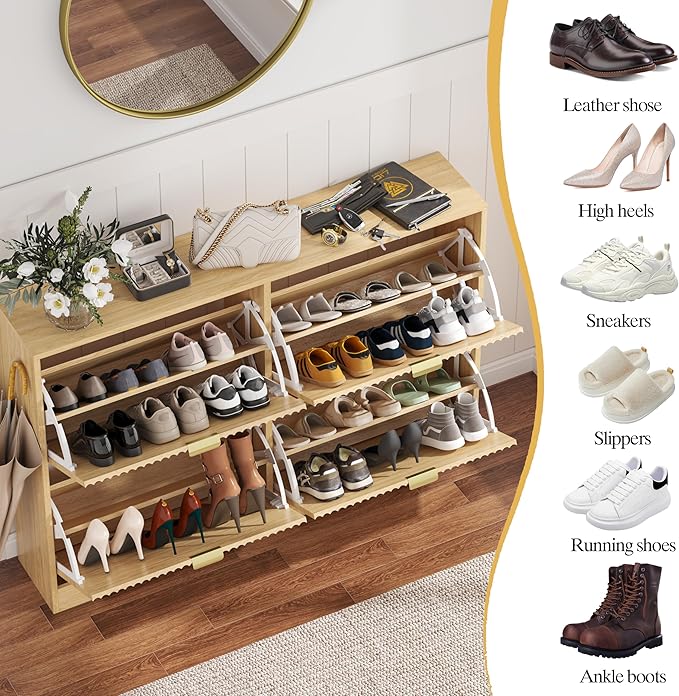 Shoe Cabinet Storage for Entryway with 4 Flip Drawers, Oak Fluted Shoe Cabinet with Adjustable Shelves, Wooden Hidden Shoes Rack Freestanding Narrow Slim Shoes Storage for Hallway, Entrance