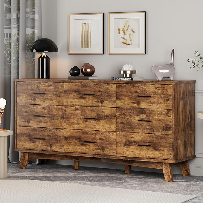 Dresser for Bedroom, 9 Drawer Wide Modern Chest of Drawers with X-Shaped Sturdy Base, Wood Double Dresser Closet Clothes Storage Organizer, Wooden TV Stand for Living Room, Hallway, Brown