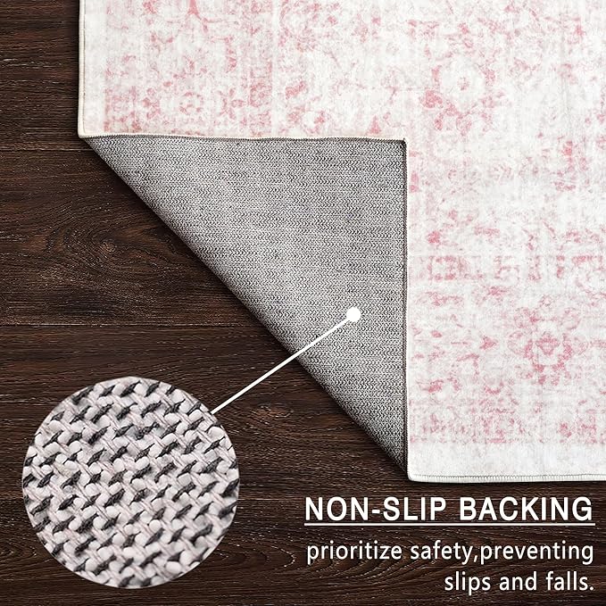 4x6 Rug, Small Area Rug for Living Room, Bedroom, Kitchen, Machine Washable Non-Slip Throw Rug, Vintage Distressed Floral Carpet for Entryway Nursery Dinner Room - Durable (Pink)