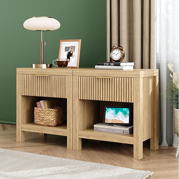 Nightstand Set of 2, End Table with 2 Drawers, Modern Bed Side Table with Storage, Farmhouse Fluted Cabinet Bedside Cabinet for Bedroom Living Room Sofa Couch Office Natural Oak