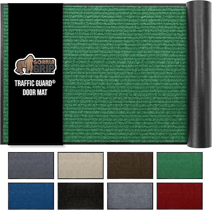GORILLA GRIP Waterproof Traffic Guard Door Mat, 72x48, Heavy Duty Entryway Mats, Strong Rubber Back Commercial Utility Rugs for Office Hallway, Garage Floor and Home, Low Profile Carpet Runner, Green