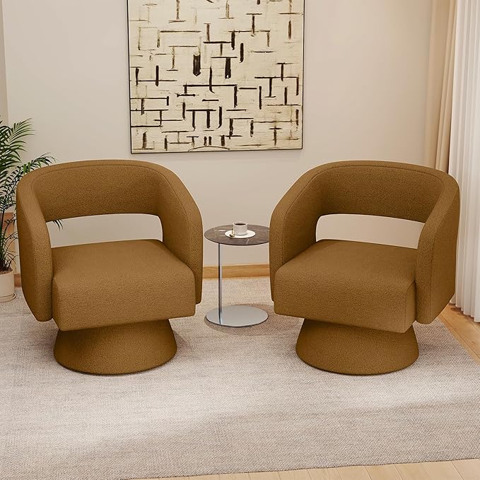 Swivel Accent Chair Set of 4, Modern Comfy Teddy Barrel Chairs, Oversized Upholstered Round Arm Chair for Living Room, Bedroom, Reading Room, Brown