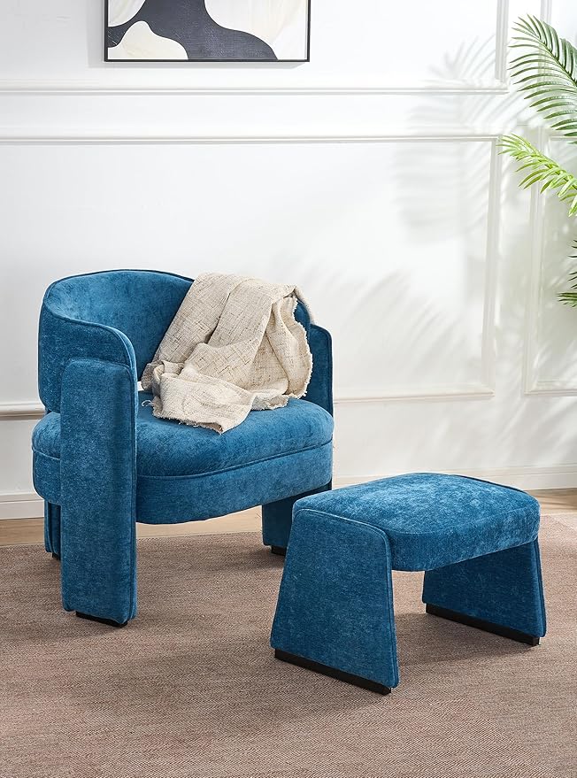 LOULENS Accent Chair with Ottoman, Oversized Barrel Chair, Modern Upholstered Comfy Armchair for Living Room, Bedroom, Reading Room & Corner, Blue