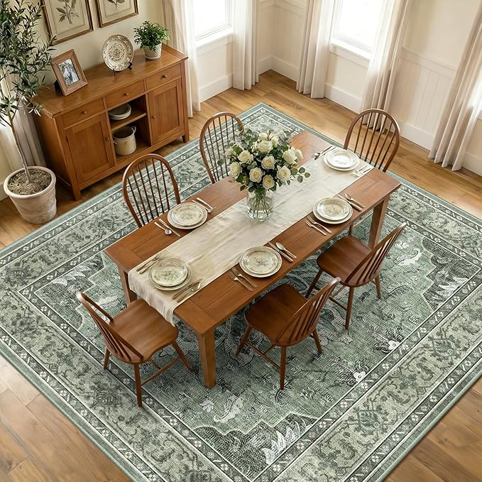 Area Rugs Square 10ft Washable Non-Slip, Floral Vintage Distress Print Pattern Medallion Carpet for Living Room Bedroom Dining Room, Dark Green Gray