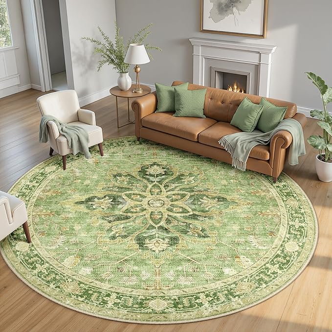 Area Rugs 8ft Washable Non-Slip, Floral Vintage Distress Print Pattern Medallion Carpet for Living Room Bedroom Dining Room, Sage Green Yellow