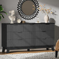 Fluted Dresser with 7 Drawers, 58" Wide Wood Chest of Drawers with Metal Handle, Wooden Dresser TV Stand, Modern Closet Clothes Storage Organizer for Bedroom, Living Room, Hallway, Solid Black