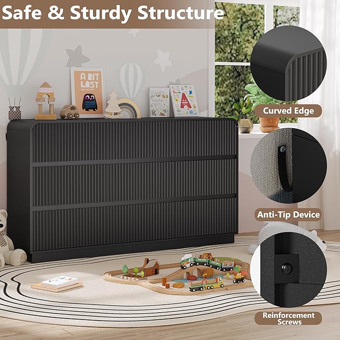 Dresser for Bedroom with 9 Drawers, Fluted Chest of Drawers with Round Curved Corner, Hidden Handles, Modern Wood Storage Organizer for Bedroom, Nursery, Living Room