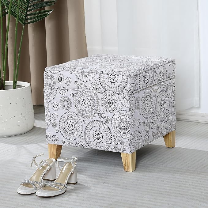 Adeco 17" Square Ottoman with Storage, Small Mandala-Persian Flower Pattern Storage Ottoman Foot Rest with Hinged Lid & Solid Wood Legs, Linen Fabric Foot Stool for Living Room & Bedroom