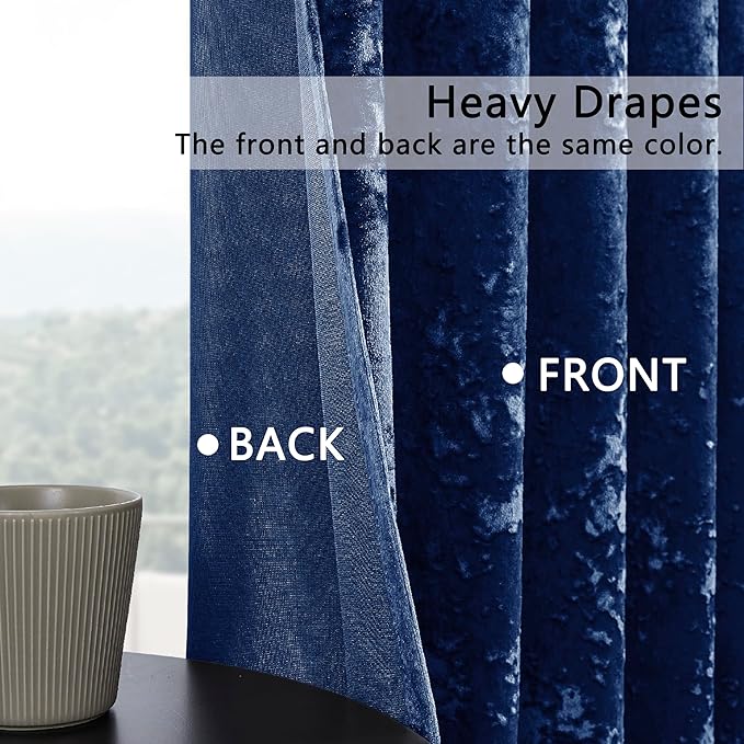 SMILETIME Navy Blue Crushed Velvet Curtains 52x96inch Rod Pocket Luxurious Thermal Insulated Soundproof Drapes Soft and Durable Light-Filtering Window Treatments for Living Room Bedroom, 2 Panels