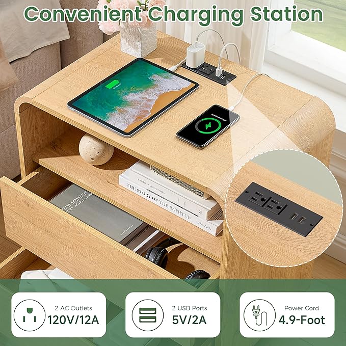 Modern Nightstand, 25" Tall Wood Bedside Table with Charging Station, 2 Storage Drawers Side Table, Large End Table Night Stand for Bedroom, Office, Sofa, Curved Profile Design, Natural