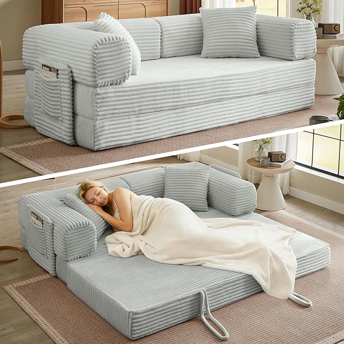 Boneless Couch Folding Couches for Living Room Sofa, Futon Sofa Bed with Sleeper Sofa, Futon Couch with Fixed-Shape Oversized Corduroy Upholstered (Light Grey, 81 Inches)