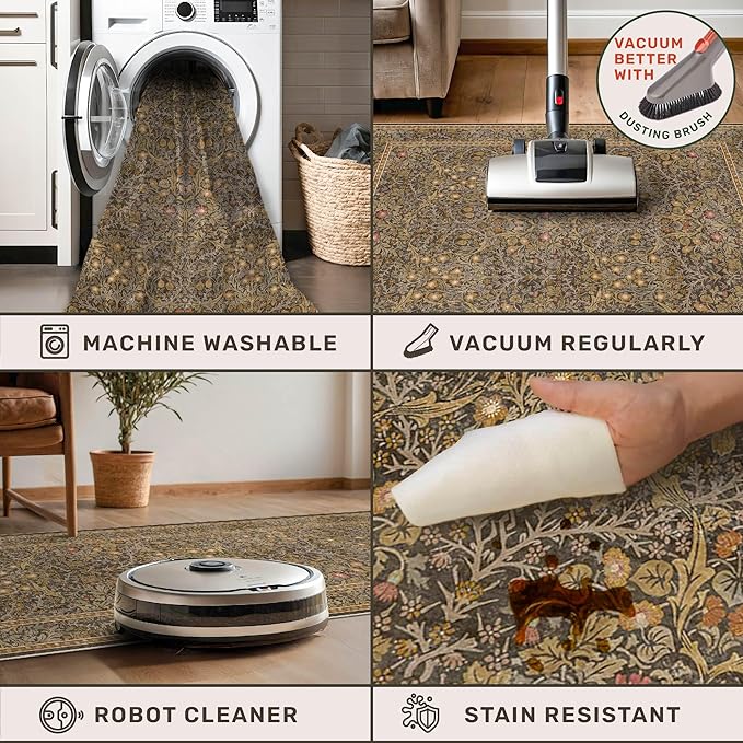Dining Room Rugs for Under Table - 5x8 Washable Brown Oriental Area Rug for Living Room, Low Pile Non-Slip Floor Carpet for Bedroom - Vintage Design & Stain Resistance
