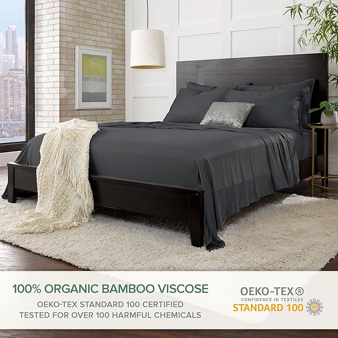 Pure Bamboo Split King Sheets, Genuine 100% Organic Viscose Derived from Bamboo Bed Sheet Set, Soft & Cooling, Double Stitching, 2 Fitted Sheets (Split King, Charcoal)