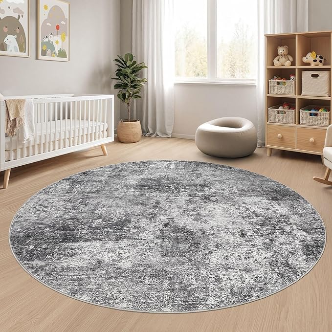 5ft Round Area Rug Living Room Rugs - 5x5 Washable Large Soft Indoor Neutral Modern Abstract Low Pile Rug Carpet for Bedroom Dining Room Farmhouse Home Office - Grey