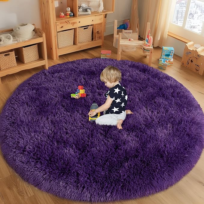 Round Purple Rug for Bedroom, 6 ft Circle Area Rugs for Living Room, Soft Fluffy Shag Carpet for Teen Girls Boys Nursery Room Dorm Home Decor Aesthetic